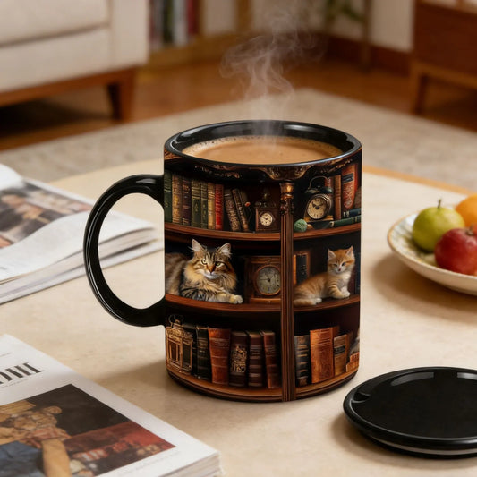 "Library Cats & Vintage Books" Ceramic Mug