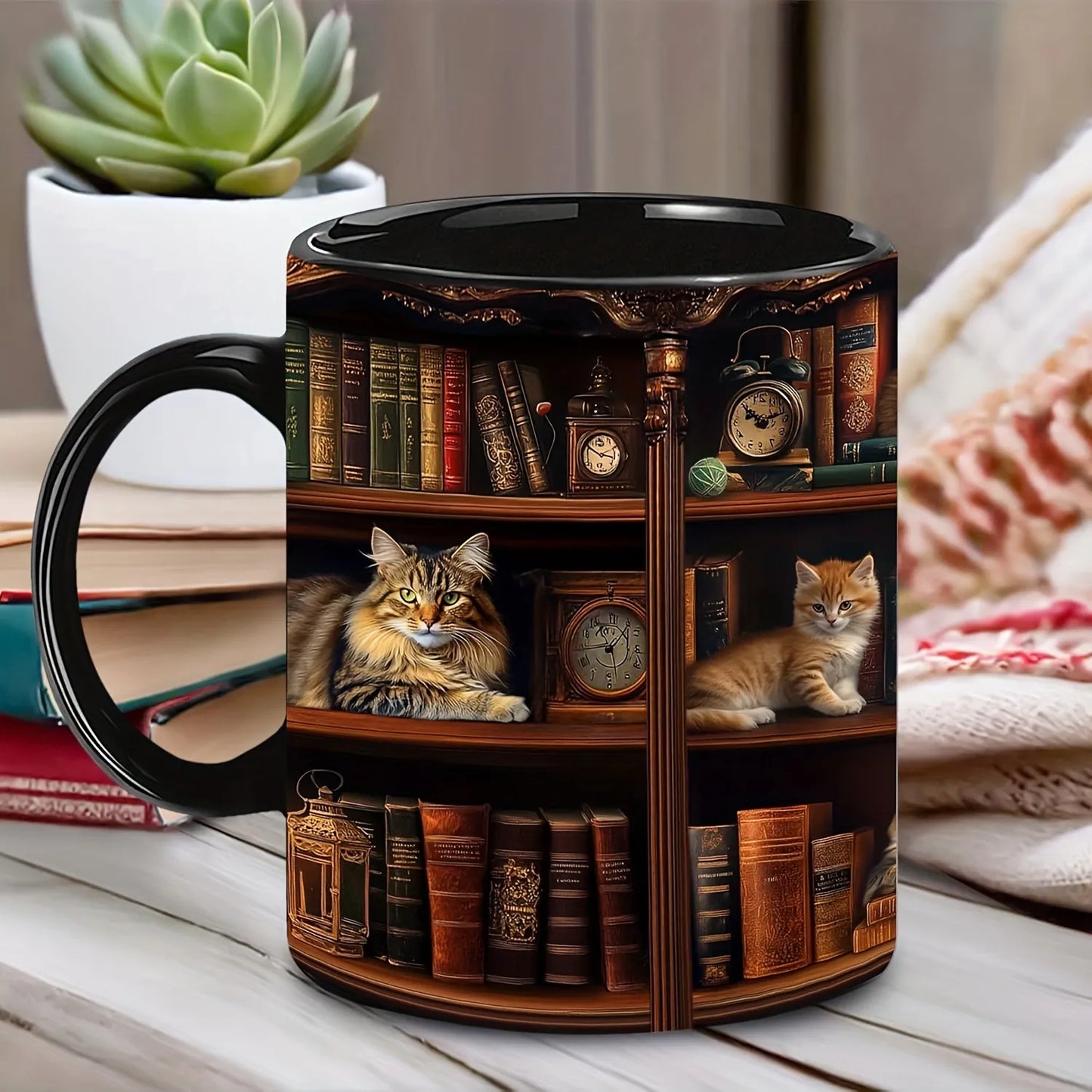 "Library Cats & Vintage Books" Ceramic Mug
