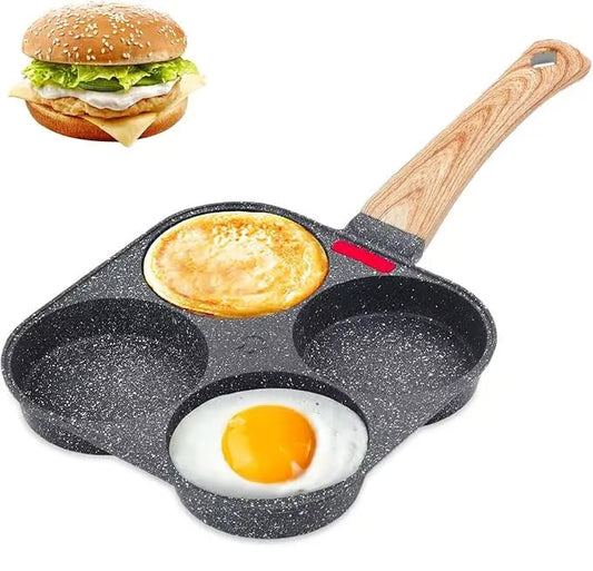 4-Hole Non-Stick Egg Frying Pan – Multifunction Skillet with Wooden Handle