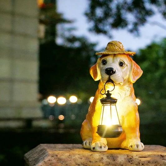 Solar-Powered Dog Statue With Led Lantern