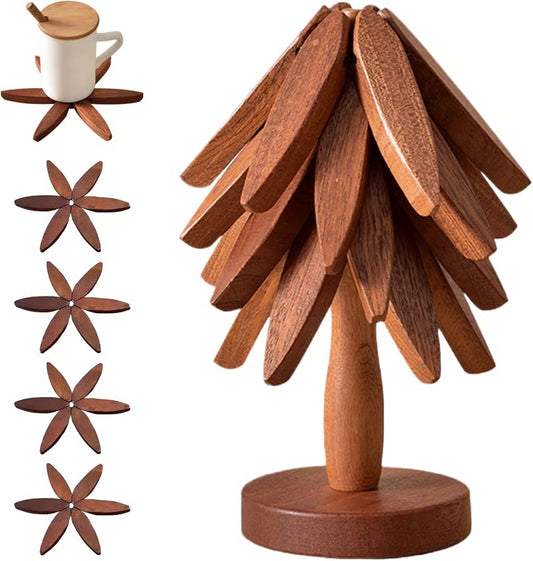 Natural Tree Trivet Set - 4 Wooden Trivets & 1 Stand Like a Christmas Tree