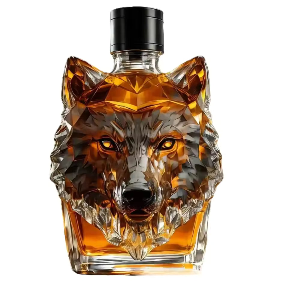 “Howl's Haven: Wolf - Crested Whiskey Bottle”