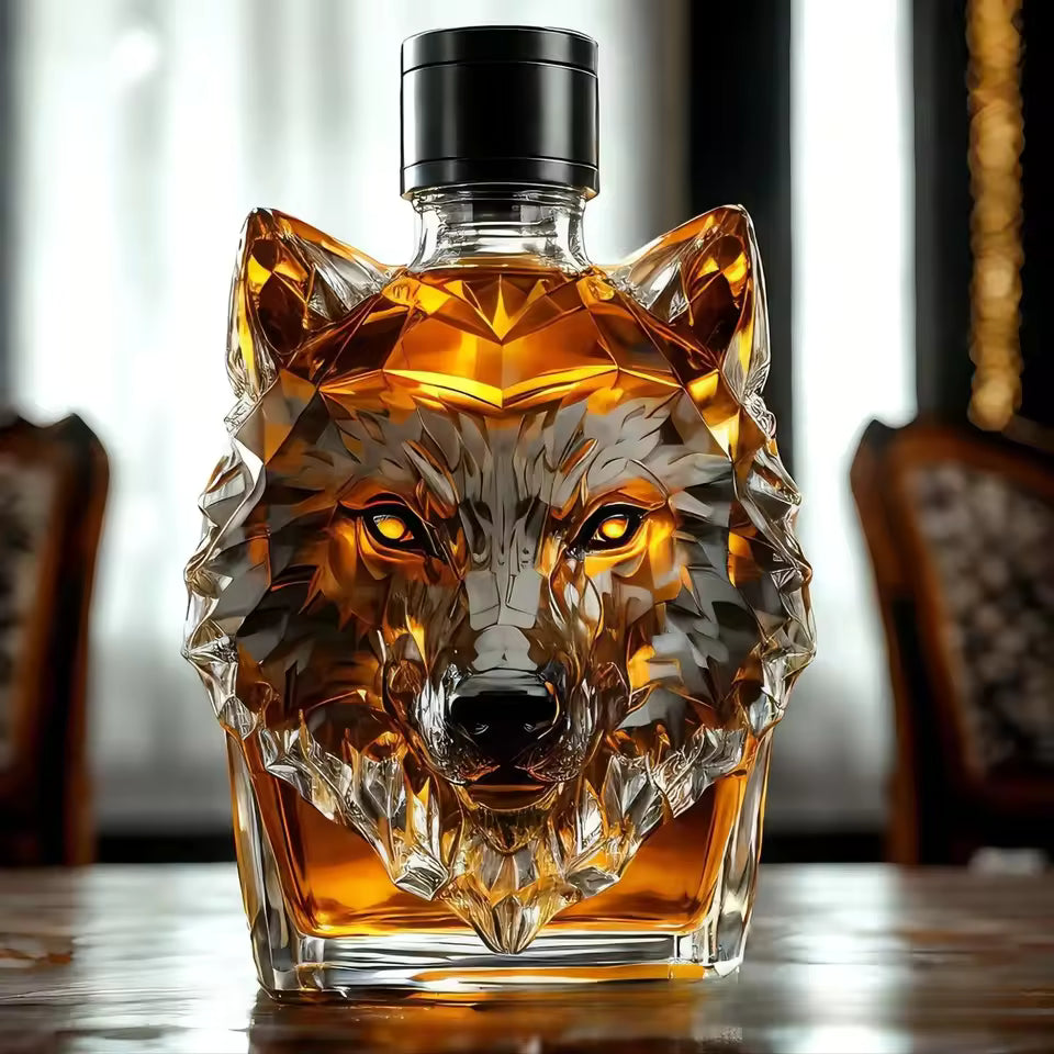 “Howl's Haven: Wolf - Crested Whiskey Bottle”