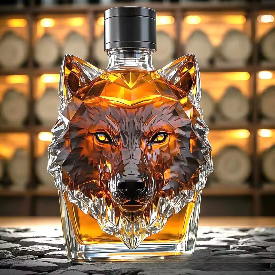 “Howl's Haven: Wolf - Crested Whiskey Bottle”