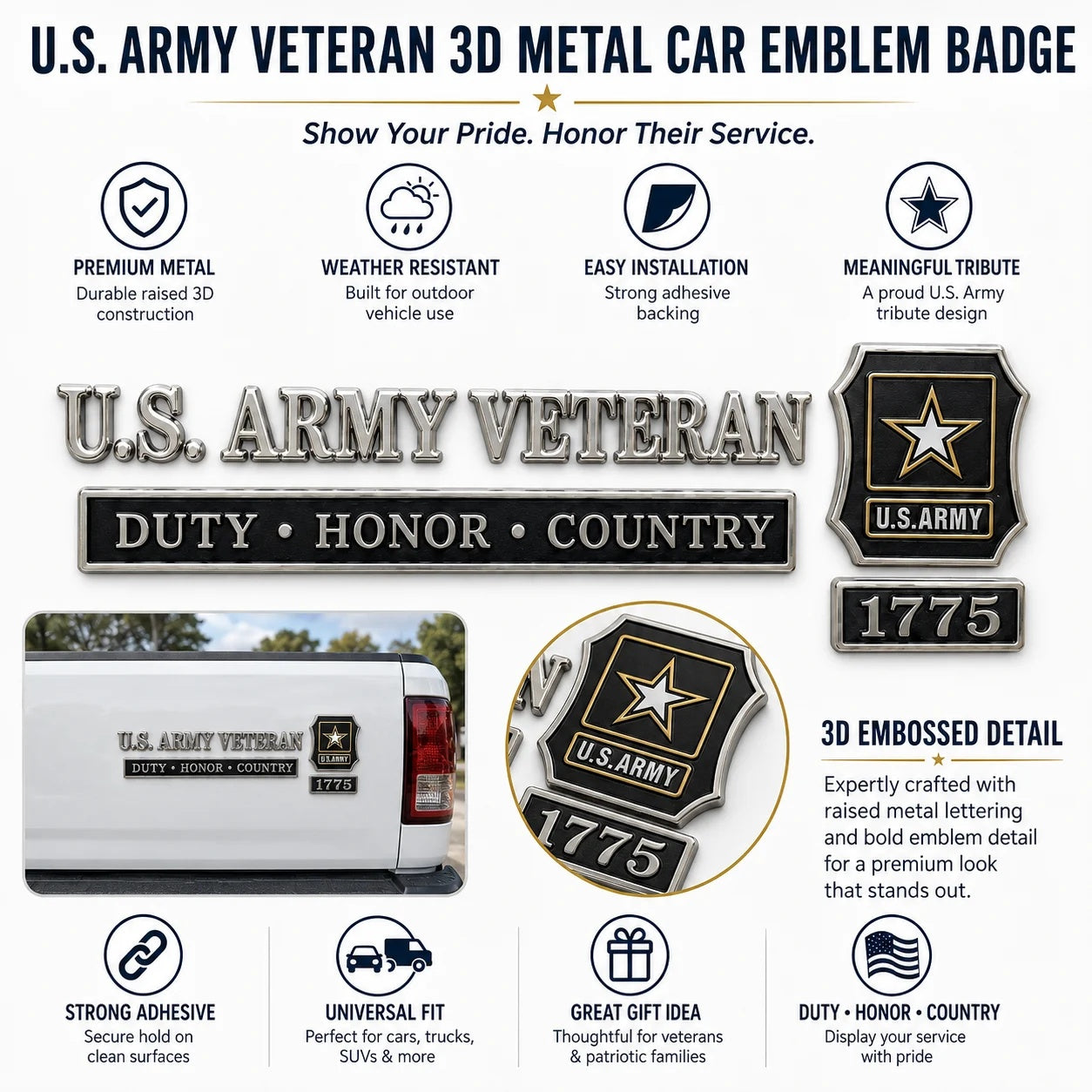 U.S. Army Veteran Duty Honor Country Car Emblem Metal Badge